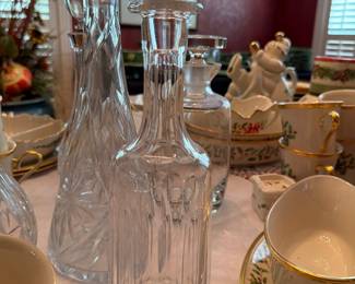 Vintage Crystal Decanter Collection with Spode Christmas Tree China