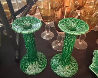 Pair of Vintage Bordallo Pinheiro Green Majolica Candlesticks