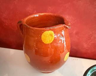 Vintage French Terracotta Pitcher with Yellow Polka Dots