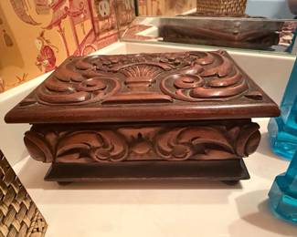 Antique Black Forest Hand-Carved Wooden Jewelry Box