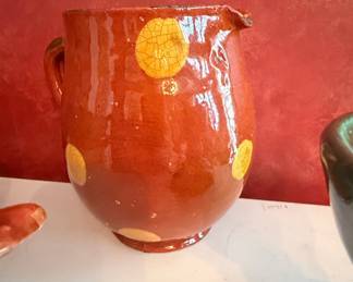 Vintage French Terracotta Pitcher with Yellow Polka Dots