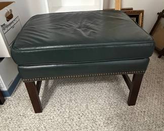 Dark Green Leather Tufted Ottoman with Nailhead Trim