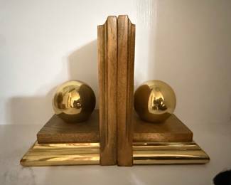Vintage Mid-Century Modern Wood and Brass Sphere Bookends
