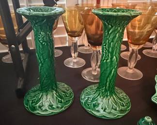 Pair of Vintage Bordallo Pinheiro Green Majolica Candlesticks