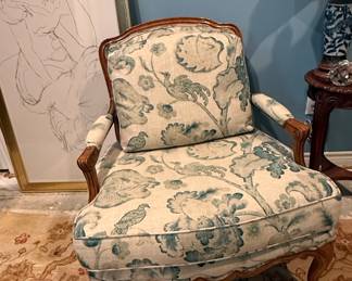 Louis XV Style Bergere Armchair with Botanical and Bird Motif