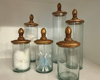Set of 6 Glass Apothecary Jars with Ornate Gold-Tone Metal Lids