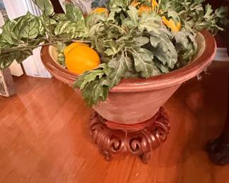 Terracotta Planter Bowl on Carved Wood Stand with Faux Fruit