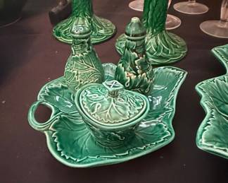 Vintage Bordallo Pinheiro Majolica-Style Cabbage Leaf Condiment Set