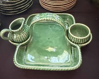 Vintage Green Majolica Basket Weave Condiment Set