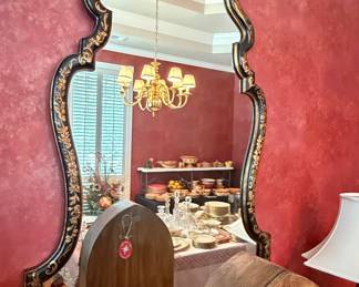 Vintage Chinoiserie Black and Gold Carved Wall Mirror