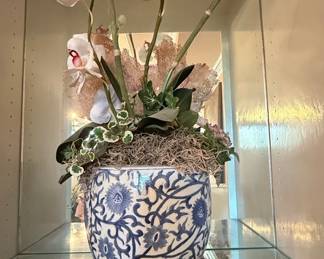 Blue and White Chinoiserie Porcelain Orchid Planter with Wooden Stand