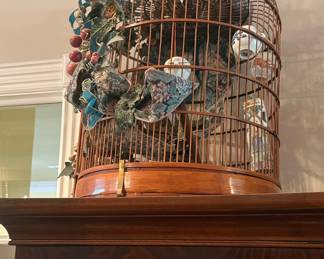 Vintage Chinese Bamboo Bird Cage with Porcelain Feeders