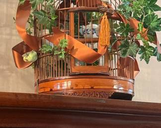 Vintage Chinese Carved Bamboo Bird Cage with Porcelain Feeders