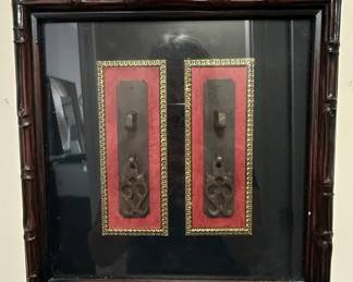 Framed Antique Chinese Bronze Door Hardware Pair