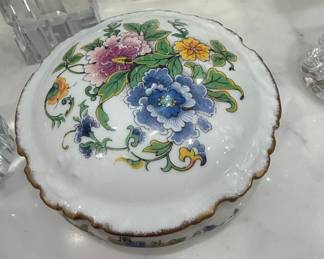 Vintage Floral Porcelain Powder Jar with Puff