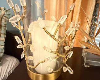 Gold Branch and Quartz Crystal Hurricane Candle Holder