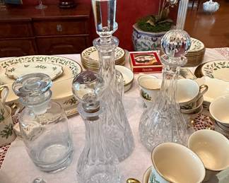 Vintage Crystal Decanter Collection with Spode Christmas Tree China