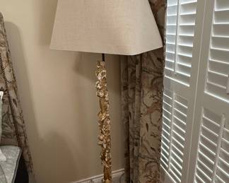 Carved Wood Floor Lamp with Linen Shade