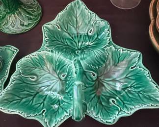 Majolica Style Green Leaf Three-Section Serving Dish, Holland Mold