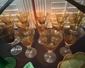 Vintage Amber Glass Wine Goblets with Clear Stems - Artland Iris Amber