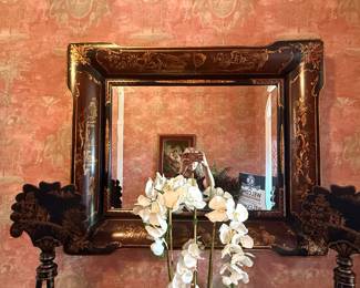 Vintage Chinoiserie Black Lacquer and Gilt Mirror by LaBarge