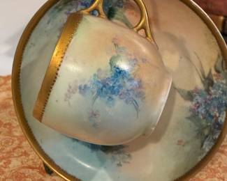 French Limoges Hand-Painted Floral Teacup and Saucer, Artist Signed