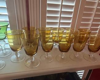 Vintage Amber Glass Goblets with Clear Bubble Stems