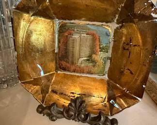 Vintage Octagonal Gold Leaf Decorative Plate with Building Image