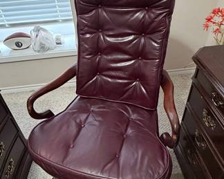 Vintage Tufted Burgundy Leather Executive Office Chair with Carved Wood Arms