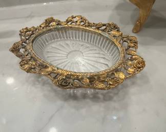 Vintage Matson Oval Glass Vanity Dish with Gilded Metal Floral Frame