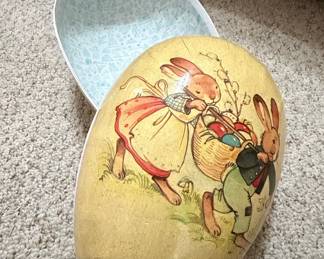 Vintage German Paper Mache Easter Egg Candy Container with Rabbits