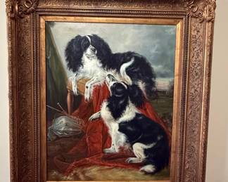 Oil Painting of Two King Charles Spaniels with Ornate Gold Frame