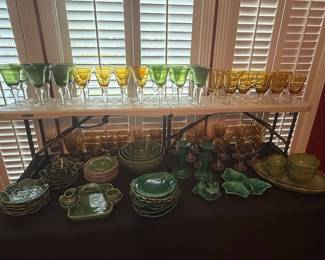 Collection of Vintage Majolica-Style Leaf Dinnerware and Colored Stemware, including Bordallo Pinheiro