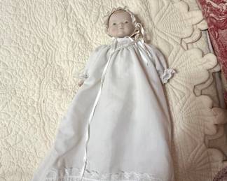 Vintage Bisque Head Baby Doll in Christening Gown, possibly Bye-lo Baby