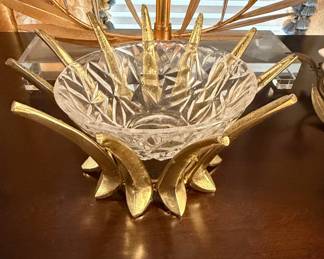 Crystal Bowl with Gold-Tone Metal Starburst Stand by Cofrac Art Verrier