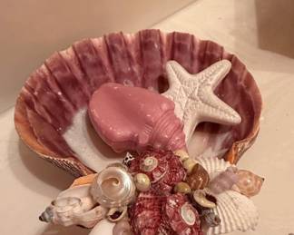 Coastal Decorative Seashell Soap Dish with Figural Soaps and Assorted Shell Embellishments