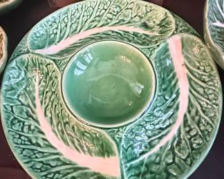 Bordallo Pinheiro Green Cabbage Leaf Chip and Dip Platter
