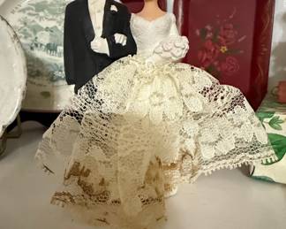 Vintage 1950s-1960s Bride and Groom Wedding Cake Topper with Lace Dress
