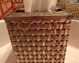 Vintage Gold Metal Basket Weave Tissue Box Cover with Strawberry Applique