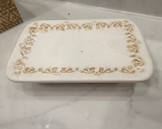 Cream Ceramic Soap Dish with Embossed Gold Scroll Border