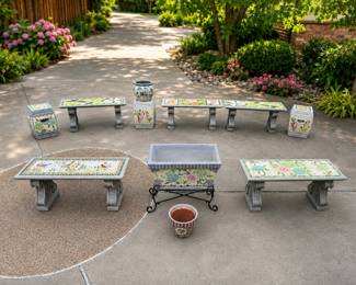Garden Mosaic Benches Flower Pots Drink or Pot Stands