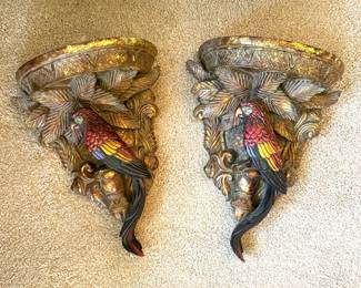 Pair Colorful Parrot Wall Corbels Shelves