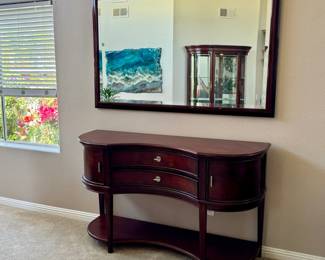 Bowed-Front Console Table with Matching Oversized Beveled Wall Mirror