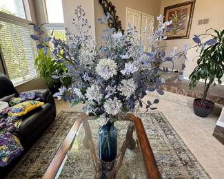 Large Designer Silk Floral Arrangement in Blue Glass Vase