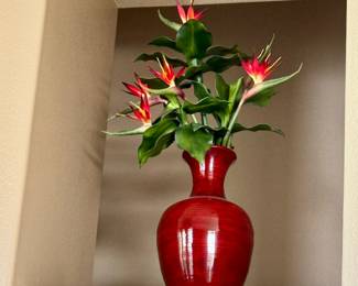 Red Floor Vase with Artificial Bird of Paradise Arrangement