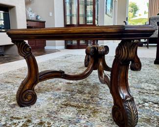 Glass Top Coffee Table – Carved Wood Base - Signed