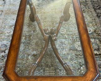 Glass Top Coffee Table – Carved Wood Base - Signed