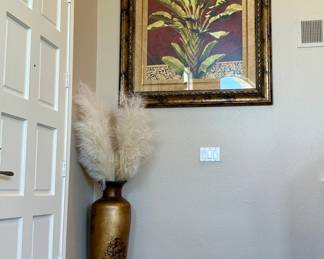 Tropical Botanical Framed Wall Art and Tall Decorative Floor Vase with Pampas Grass