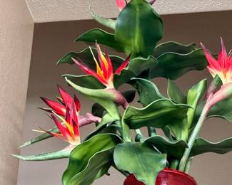 Red Floor Vase with Artificial Bird of Paradise Arrangement