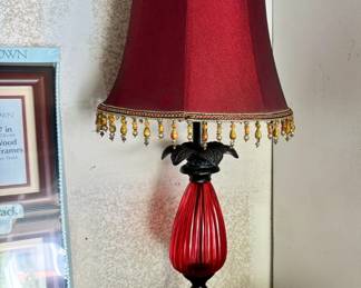 Ruby Red Art Glass Table Lamp with Beaded Shade